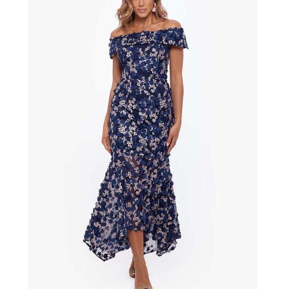 Xscape Women's 14W BRYNLEE Off The Shoulder Blue Raise Flower Evening Midi Dress - Picture 2 of 16